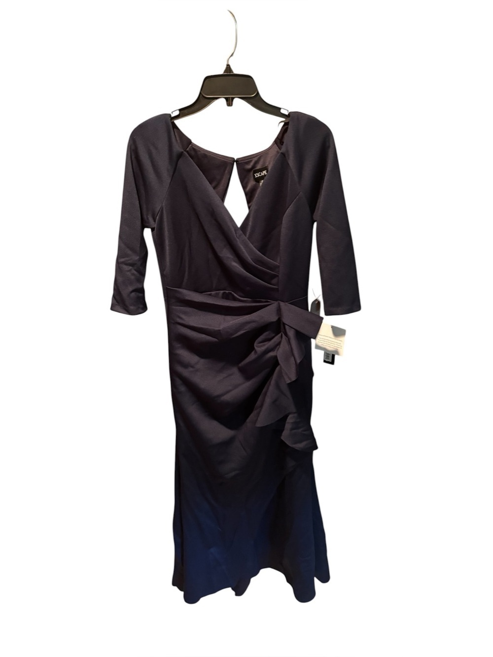 Xscape Evenings Lexi Ruched Scuba Knit Ruffle Gown Midnight Size 8 NWT FLAWED